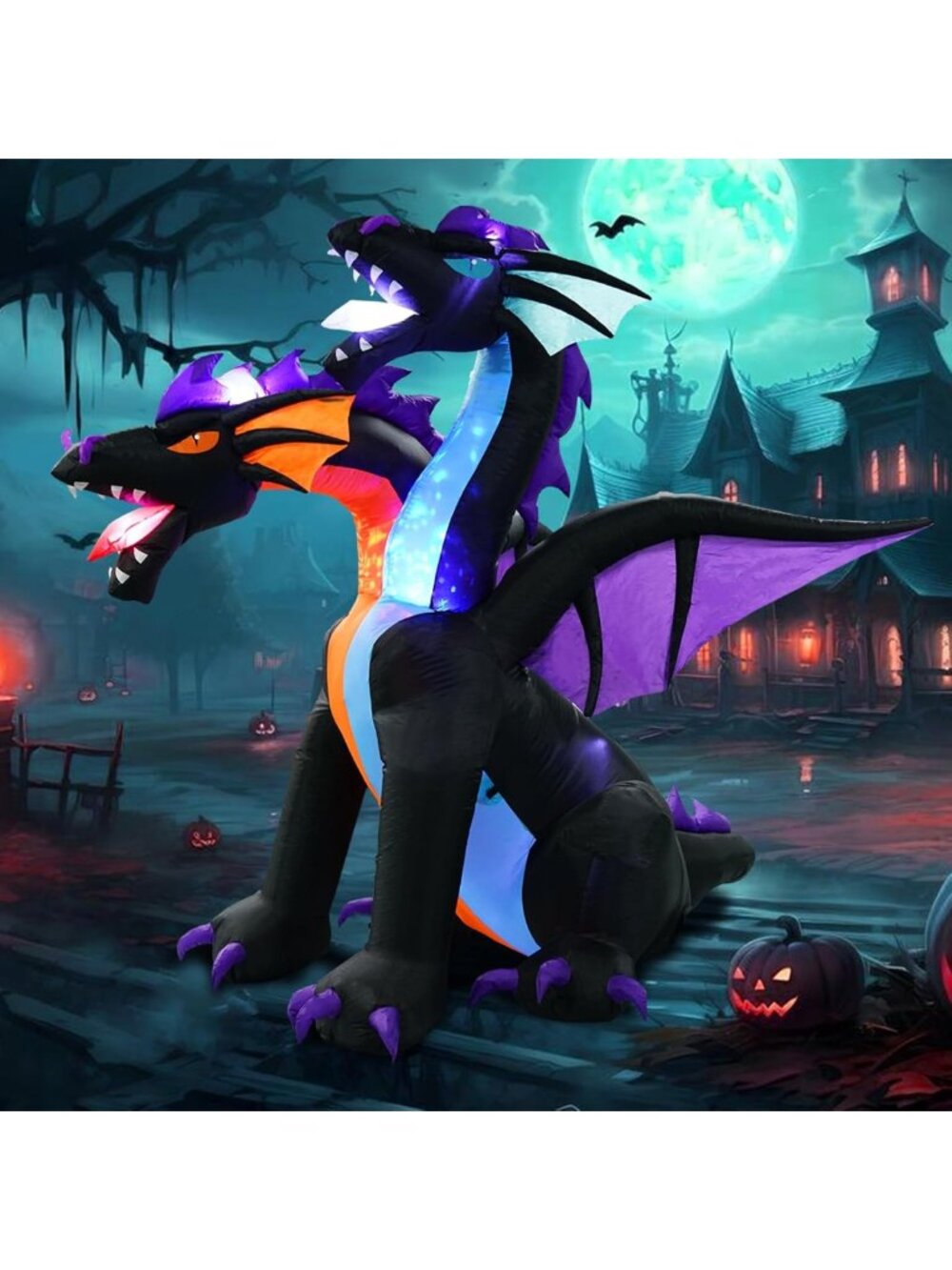 7FT Halloween Inflatable Dragon - Fire & Ice, 2 Heads, LED Lights for Outdoor